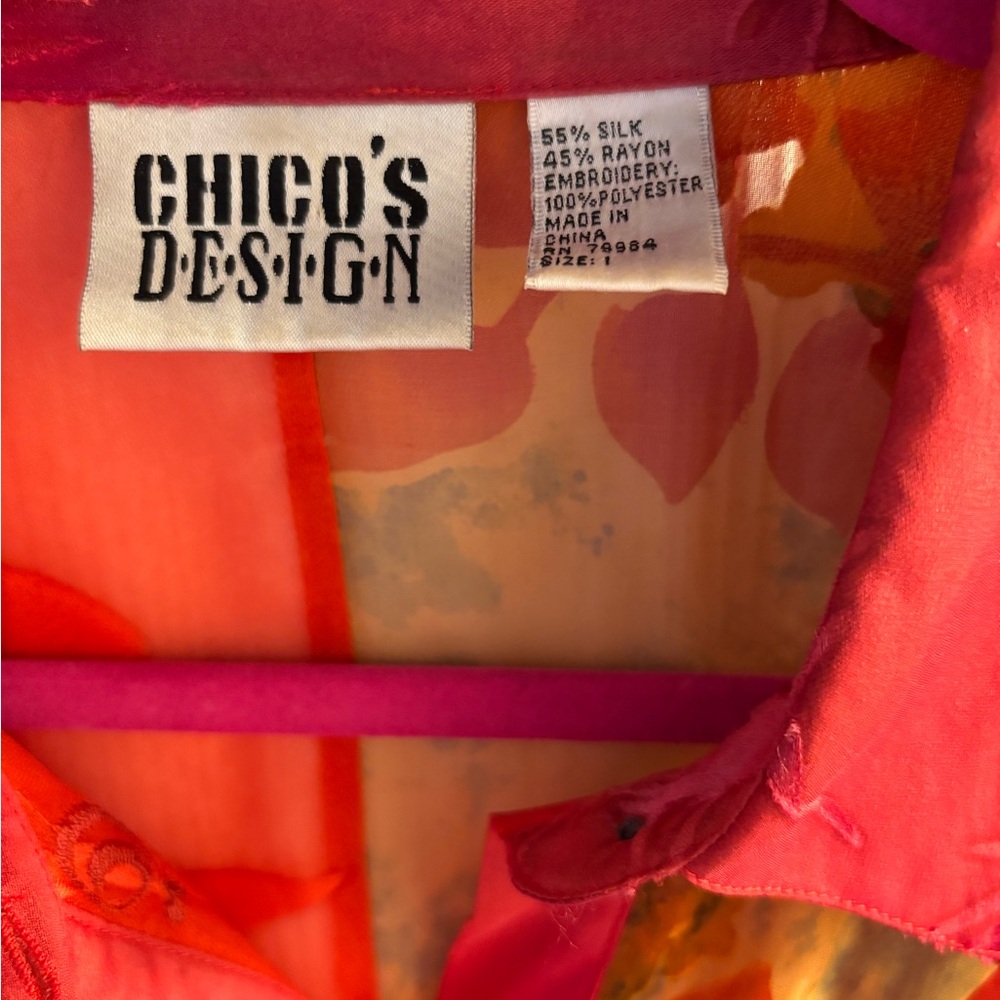 Chico's Vibrant Red and Orange Silk Semi Sheer Blouse - Picture 3 of 4